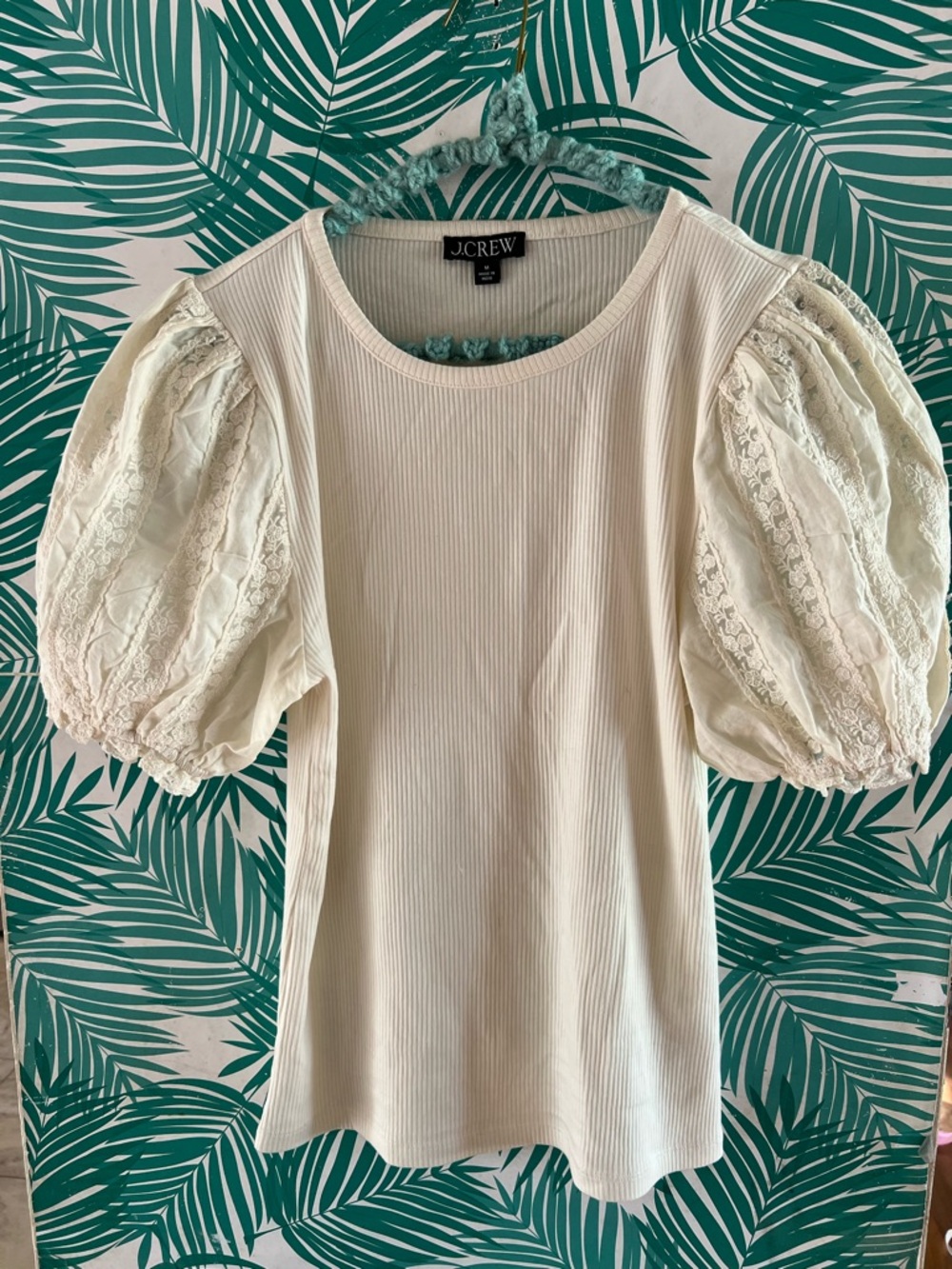 J.Crew Cream Puff-Sleeve Ribbed Top Sz M